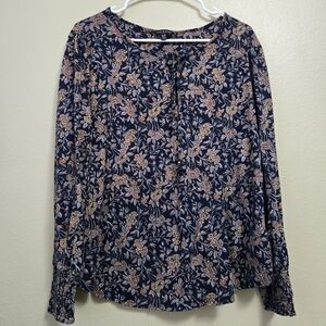 LUCKY BRAND Women Peasant Blouse XL Navy Paisley Bohemian Keyhole Neck